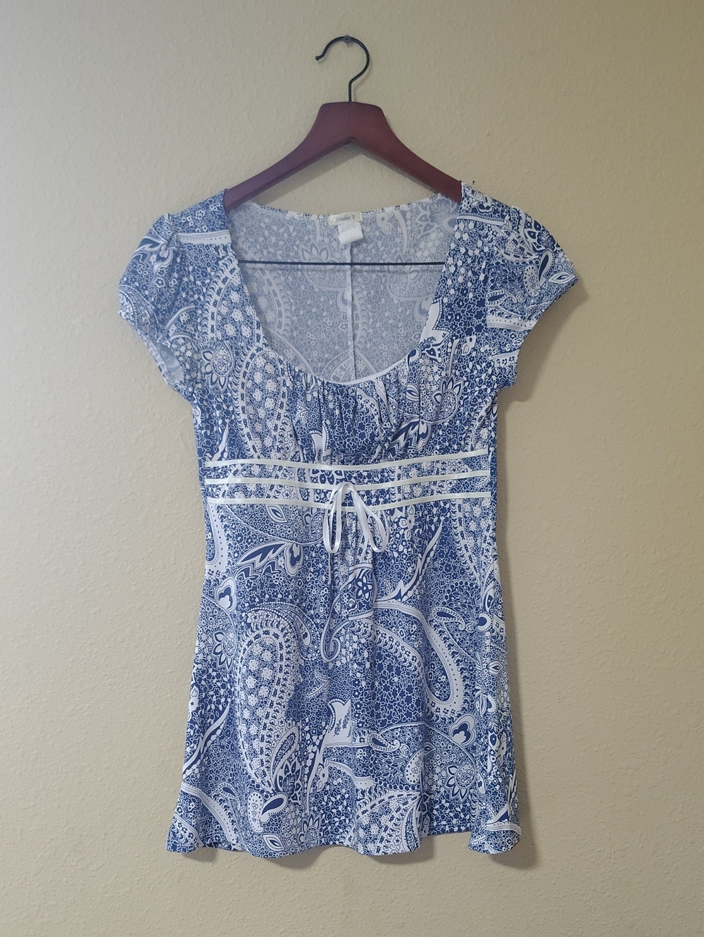 Vintage Studio Y Babydoll Square Neck Tunic Top Size S Y2K 90s Blue White Boho - Picture 9 of 15